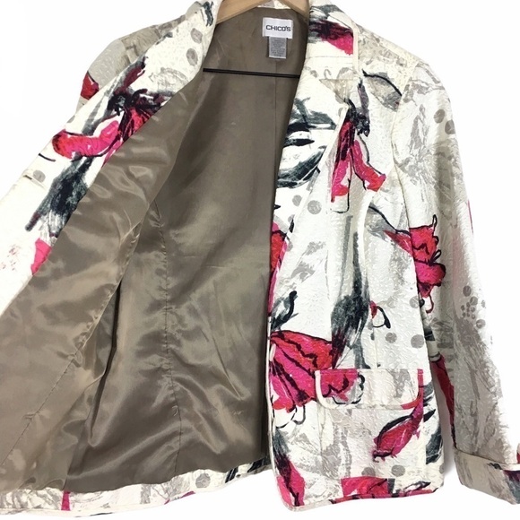 CHICOS Blazer Jacket Silk Floral Leopard Animal Print Beads Sequins Size 0 Small - Picture 2 of 11